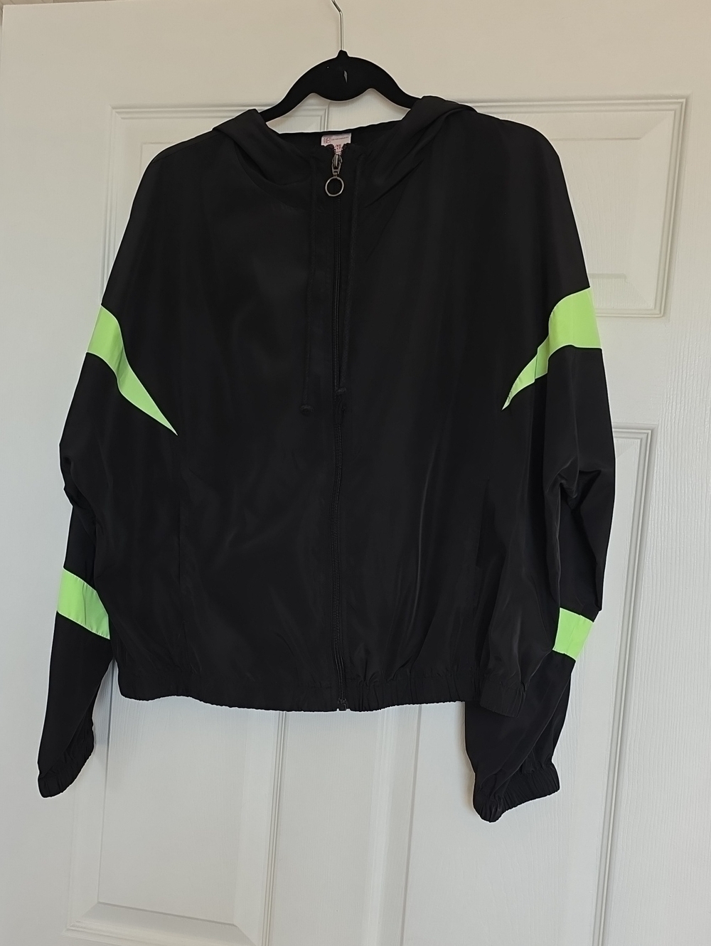 Time and Tru Black Hooded Bomber Jacket with Neon Green Accents